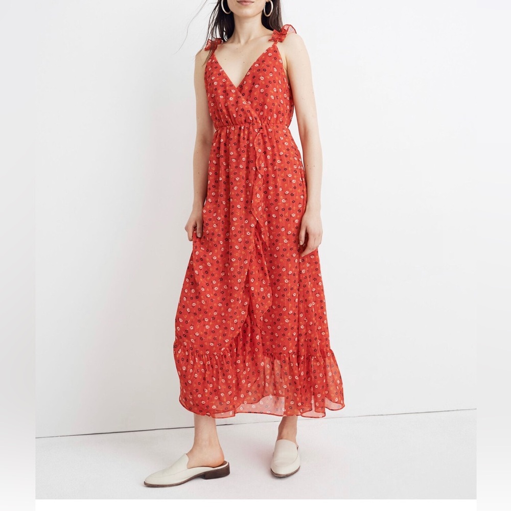 Madewell Ruffle-Strap Wrap Dress in Metallic-Striped Prairie Posies
